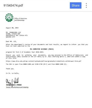 2019 DLSU 라살대학교 석사입학허가서