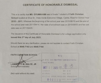 FAITH CHRISTIAN SCHOOL CERTIFICATE OF HONORABLE DISMISSAL