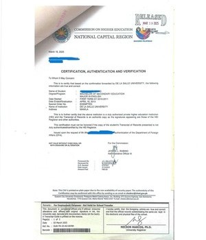 라살대학교 DLSU CAV교육부 인증서