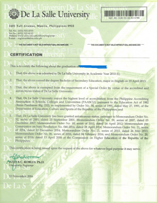DE LA SALLE UNIVERSITY COG