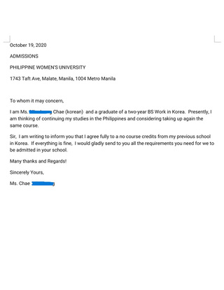 2020년 PWU 입학허가서
